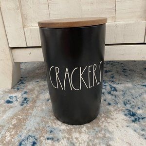 New RAE DUNN LL "CRACKERS" Black Cellar Canister W/ Wood Lid By Magenta Artisan.